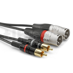 Câble instrument 3m double RCA mâle vers double XLR mâle 3 pôles, Sommercable HBP-M2C2, avec connecteurs à contacts plaqués or