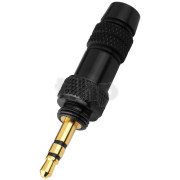 Fiche mini-Jack 3.5 mm stéréo mâle en métal noir, contacts plaqué-or, avec vissage de sécurité, pour câble diamètre 4.2 mm, convient aux émetteurs avec filetage intérieur de 7.9 mm